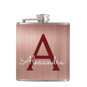 Pink Rose Gold - Burgundy Metallic Monogram Name Flask