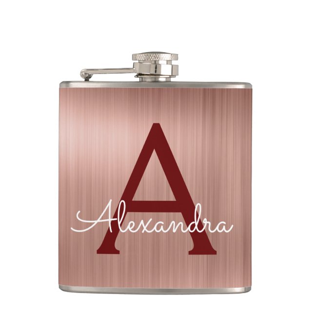 Pink Rose Gold - Burgundy Metallic Monogram Name Flask (Front)