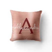 Pink Rose Gold Burgundy Metallic Monogram Name Throw Pillow