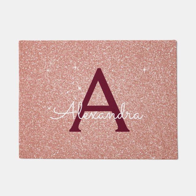 Pink Rose Gold Burgundy Sparkle Glitter Monogram Doormat (Front)