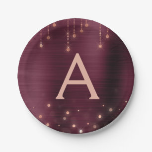 Pink Rose Gold Burgundy Sparkle Monogram Birthday Paper Plates