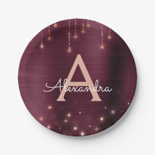 Pink Rose Gold Burgundy Sparkle Monogram Birthday Paper Plates