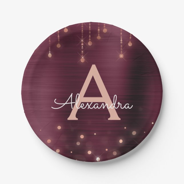 Pink Rose Gold Burgundy Sparkle Monogram Birthday Paper Plates (Front)