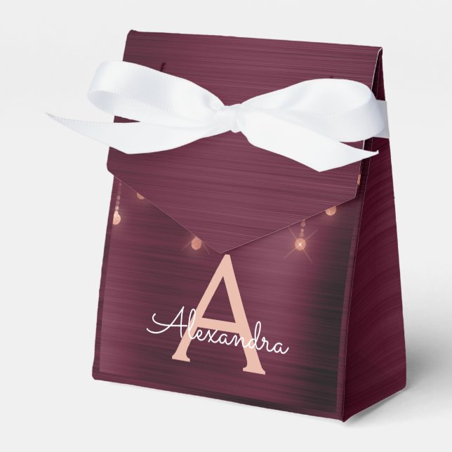 Pink Rose Gold Burgundy Sparkle Monogram Favor Boxes (Front Side)