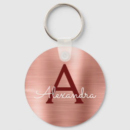 Pink Rose Gold Burgundy Stainless Steel Monogram Keychain