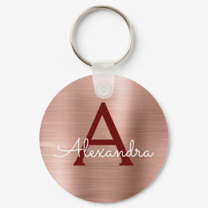 Pink Rose Gold Burgundy Stainless Steel Monogram Keychain