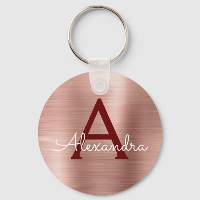 Pink Rose Gold Burgundy Stainless Steel Monogram Keychain (Front)