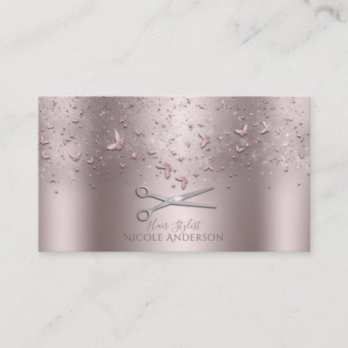 Pink Rose Gold Butterflies Silver Scissors Stylist Business Card