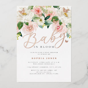Pink Rose Gold Butterfly Bloom Girls Baby Shower  Foil Invitation