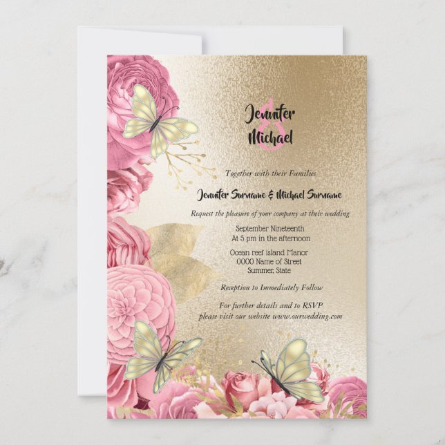 Pink rose gold butterfly foliage wedding invitation (Front)