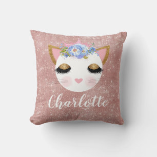 Pink rose gold cat princess personalized throw pillow