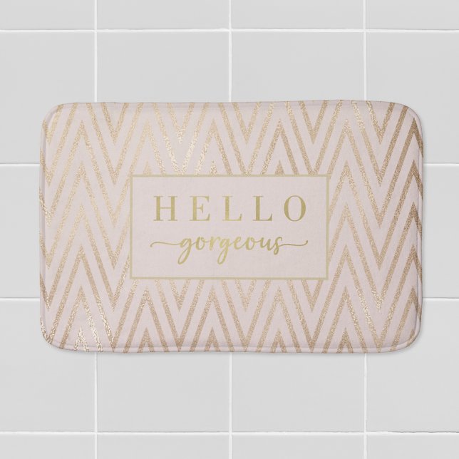 Pink Rose Gold Chevron Hello Gorgeous Bath Mat (Creator Uploaded)