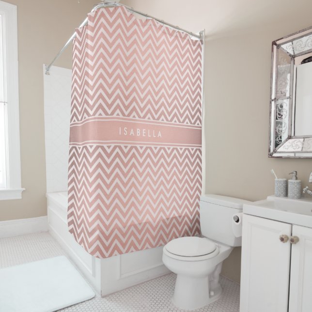 Pink Rose Gold Chevron Pattern Monogrammed Name Shower Curtain (In Situ)