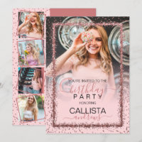 Pink Rose Gold Confetti Border Photo Birthday