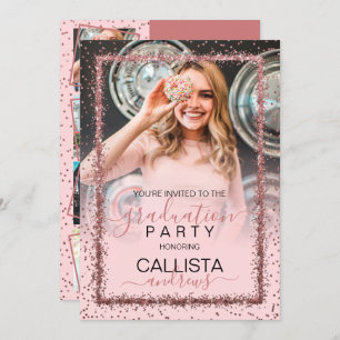 Pink Rose Gold Confetti Border Photo Graduation Invitation