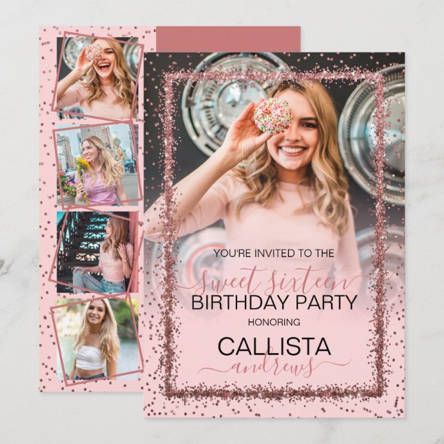 Pink Rose Gold Confetti Border Photo Sweet 16 Invitation (Front/Back)
