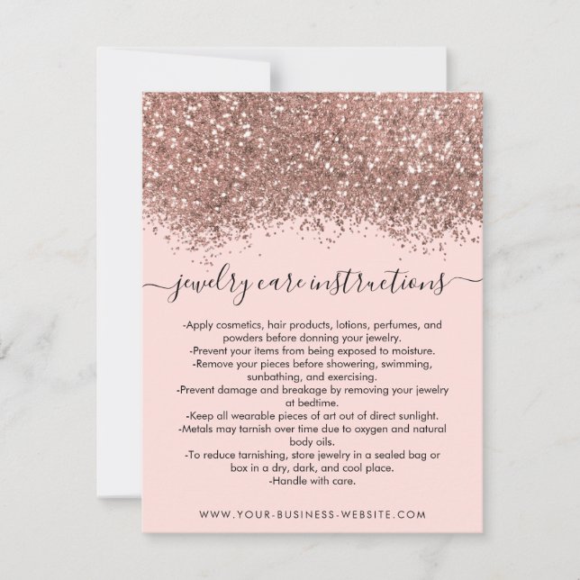 Pink Rose Gold Confetti Glitter Jewelry Care Card (Front)