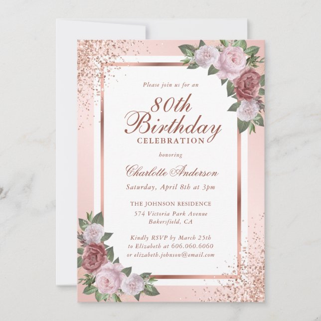 Pink Rose Gold Confetti Roses 80th Birthday Invitation (Front)