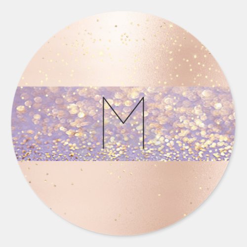 Pink Rose Gold Confetti Sparkly Purple Monogram Classic Round Sticker