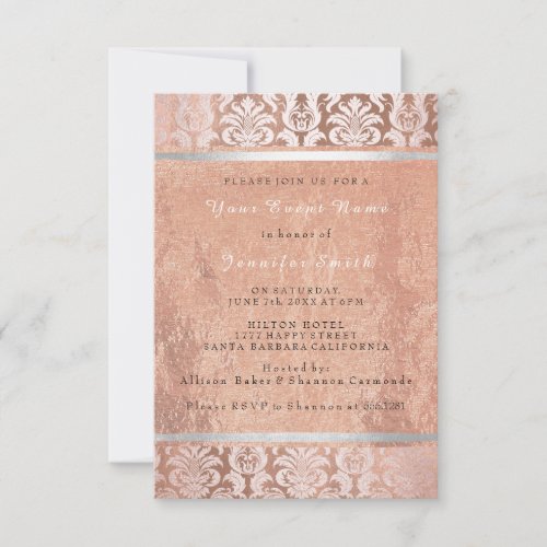 Pink Rose Gold Copper Silver Damask Bridal 16th Invitation