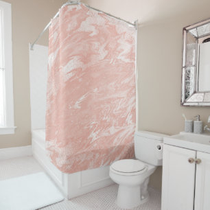 Pink Rose Gold Coral Peach Molten Marble White Shower Curtain