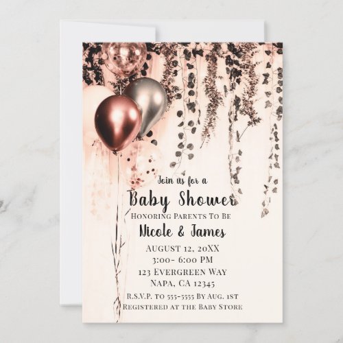 Pink Rose Gold Cream Metallic Balloons Baby Shower Invitation