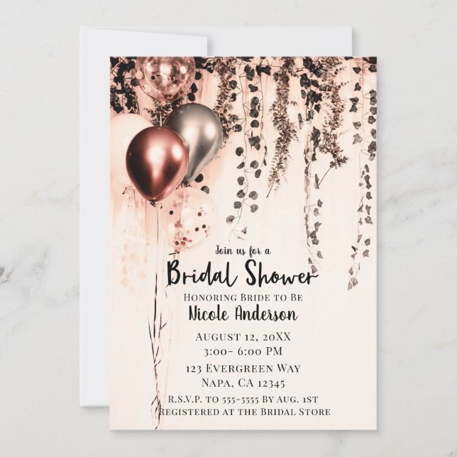 Pink Rose Gold Cream Metallic Balloons Ivy Bridal Invitation (Front)