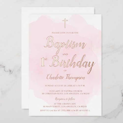 Pink Rose gold cross Baptism and 1st birthday Foil Holiday Card