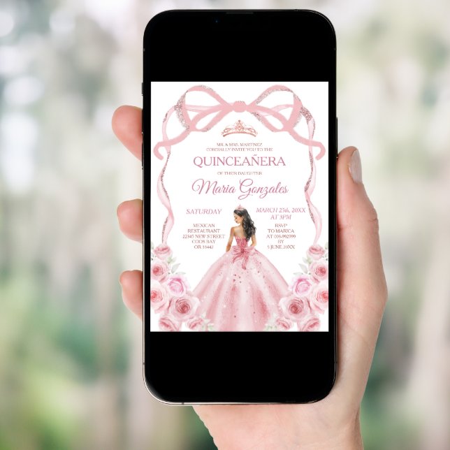 Pink Rose Gold Crown Bow Princess Girl Quinceañera Invitation (Front Digital)