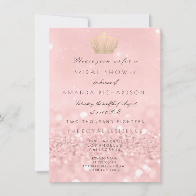 Pink Rose Gold Crown Royal Glitter Bridal Shower Invitation (Front)