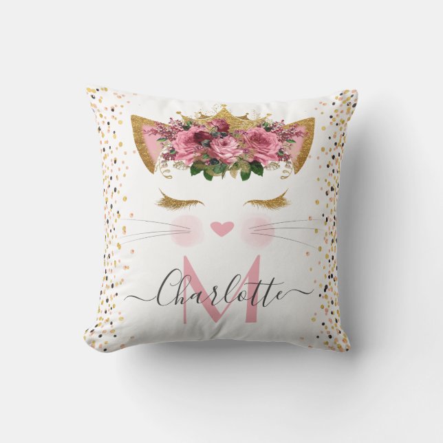 Pink rose gold cute cat princess monogram throw pillow (Front)