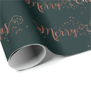 Pink Rose Gold Deep Green Merry Christmas Script Wrapping Paper