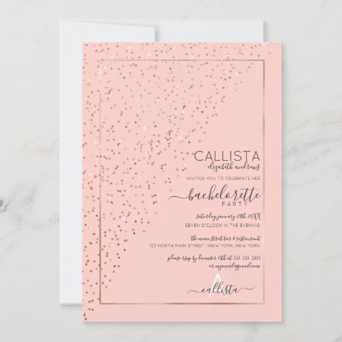 Pink Rose Gold Diagonal Confetti Bachelorette Invitation