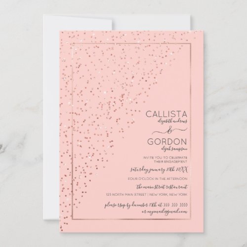 Pink Rose Gold Diagonal Confetti Engagement Invitation