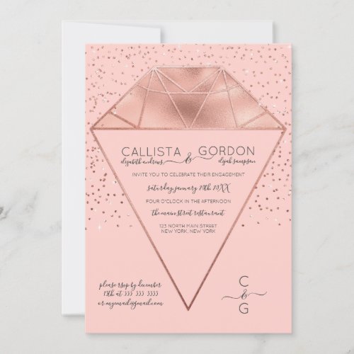 Pink Rose Gold Diamond Confetti Glitter Engagement Invitation