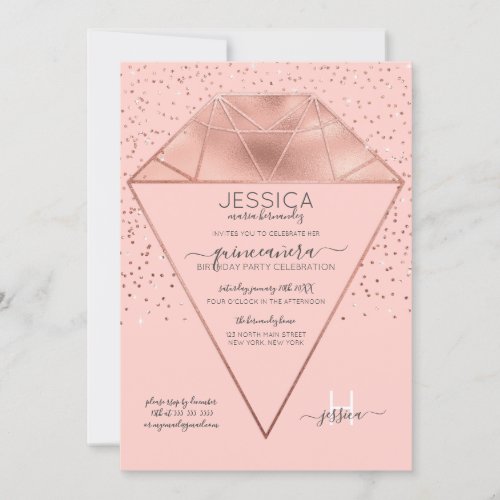 Pink Rose Gold Diamond Confetti Quinceaera Invitation