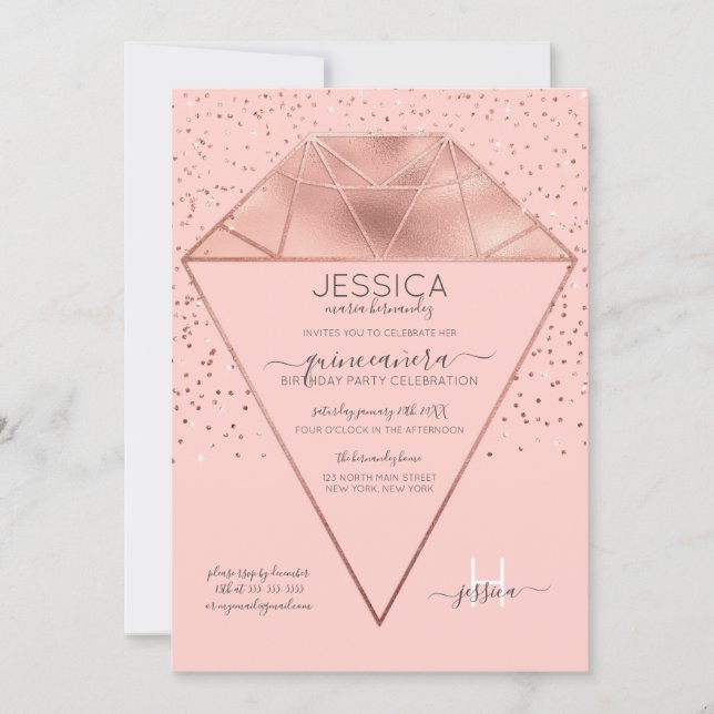 Pink Rose Gold Diamond Confetti Quinceañera Invitation (Front)