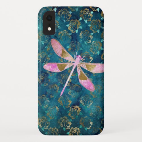 Pink Rose Gold Dragonfly on Turquoise Blue Foil iPhone XR Case