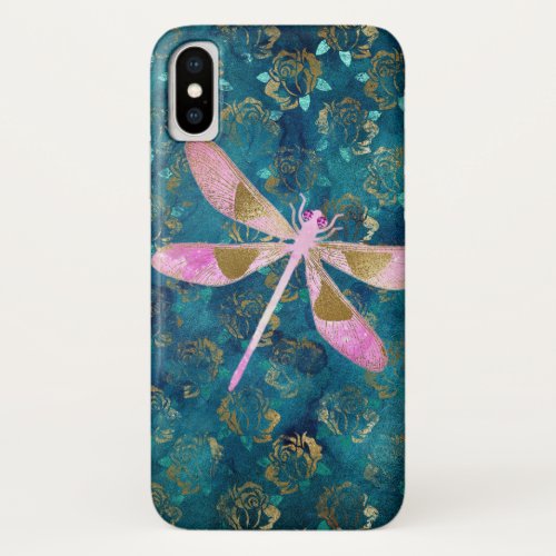 Pink Rose Gold Dragonfly on Turquoise Blue Foil iPhone X Case