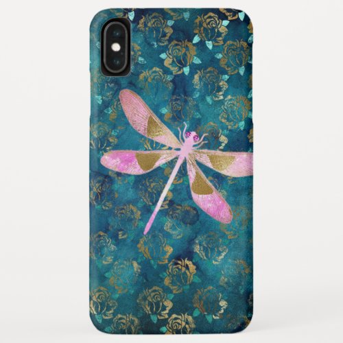 Pink Rose Gold Dragonfly on Turquoise Blue Foil iPhone XS Max Case