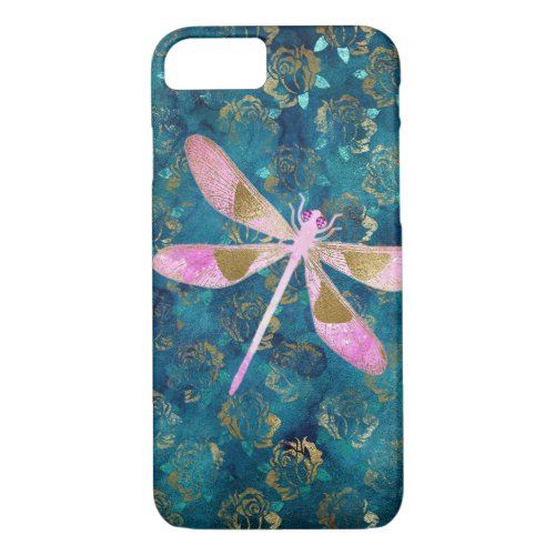 Pink Rose Gold Dragonfly on Turquoise Blue Foil iPhone 87 Case