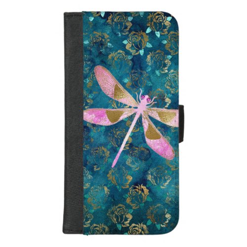 Pink Rose Gold Dragonfly on Turquoise Blue Foil iPhone 87 Plus Wallet Case