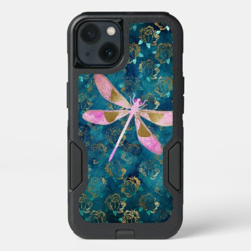 Pink Rose Gold Dragonfly on Turquoise Blue Foil iPhone 13 Case