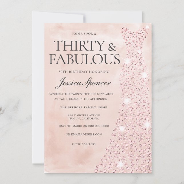 Pink Rose Gold Dress 30 & Fabulous 30th Birthday Invitation (Front)