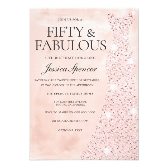 Pink Rose Gold Dress 50 Fabulous 50th Birthday Invitation Pink Rose Gold Dress 50 Fabulous 50th Birthday Invitation