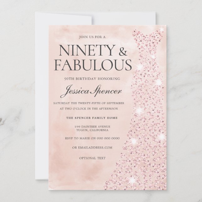 Pink Rose Gold Dress 90 & Fabulous 90th Birthday Invitation (Front)