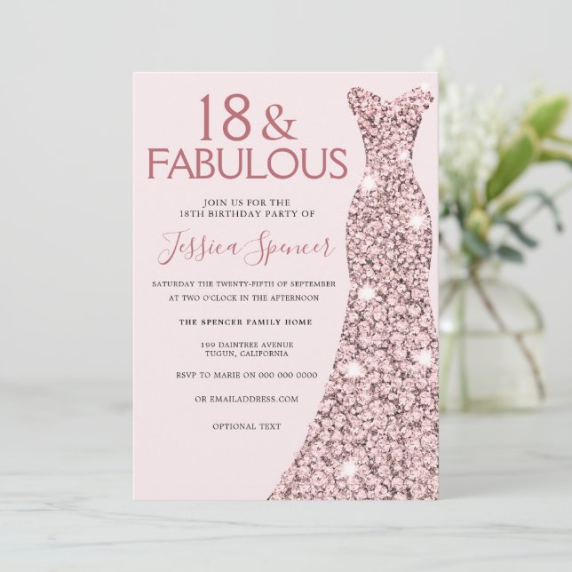 Pink Rose Gold Dress Girls 18th Birthday Party Invitation