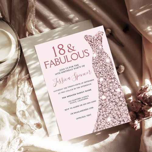 Pink Rose Gold Dress Girls 18th Birthday Party Invitation