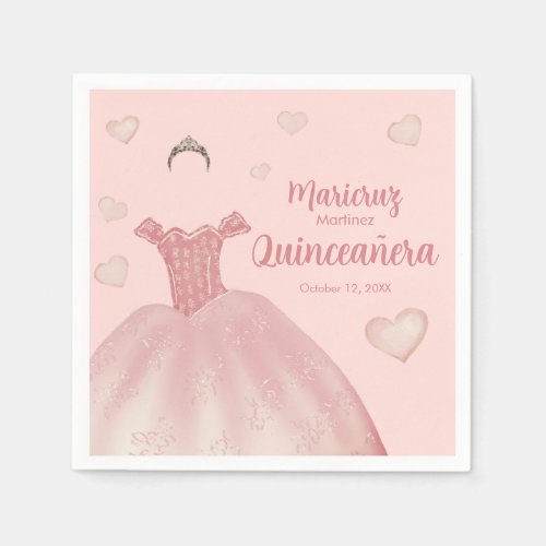 Pink Rose Gold Dress Tiara Hearts Quinceaera Napkins