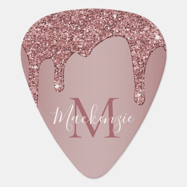 Pink Rose Gold Dripping Glitter Monogram Guitar Pick (Front)